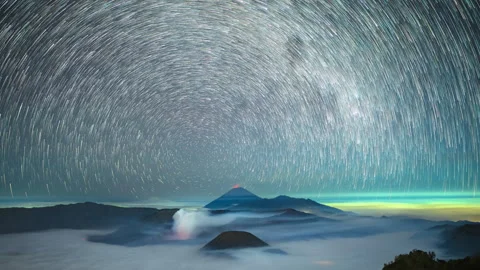 Timelapse of star trail rotate over Bromo volcano, East Java, Indonesia Stock Footage 247759900