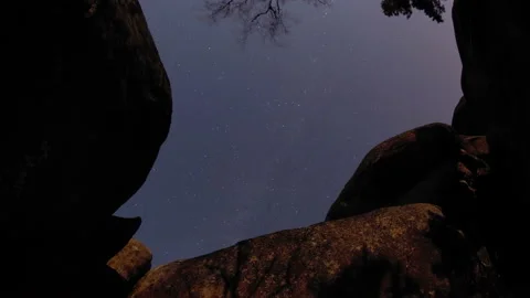 Timelapse of the starry sky above the mountain peaks in the Siberian forest. Kra 스톡 동영상 88982386