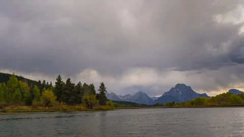 Timelapse of Storm Clouds Swirling Over Oxbow Bend in Grand Teton National Park Stock Footage 258181051