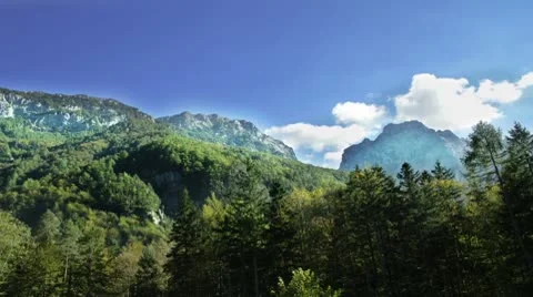 Timelapse summer nature scene clouds above forest in Alps FULL HD Video stock 8839649