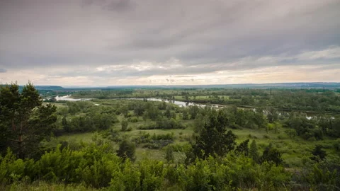 Timelapse. Summer valley landscape with river, hills, running clouds Stock Footage 132712887