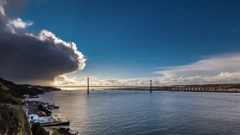 Timelapse of Sun over the 25th of April Bridge. Lisbon, Portugal. April, 2017 库存影片 78518621