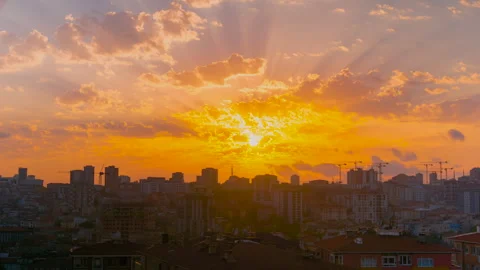 Timelapse: sun rays breaking through dramatic clouds at Istanbul sunset Stock Footage 341277790