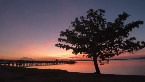 Timelapse Sun risise Ban Phe Pier Rayog lone tree night to day during covid2019 Stockbeeldmateriaal 146372972