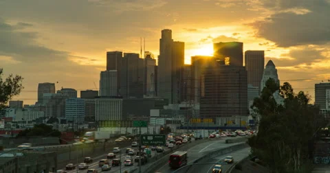 Timelapse of sun setting and clouds over downtown Los Angeles Stock Footage 68218755