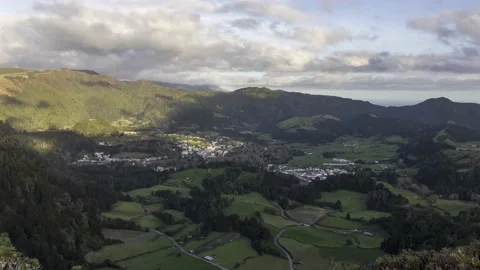 Timelapse sun slowly setting shadows on valley Lagoa Das Furnas Azores Stock Footage 234551418