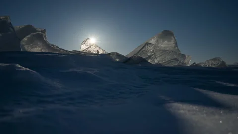 Timelapse of sun trough transparent ice floe on frozen lake Stock Footage 177302847
