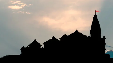 Timelapse of Sunrays Dancing with Clouds Behind Ram Mandir in Ayodhya, India Stock Footage 262437247