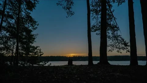 Timelapse - sunrise with river, trees and clear sky Stock Footage 137775247
