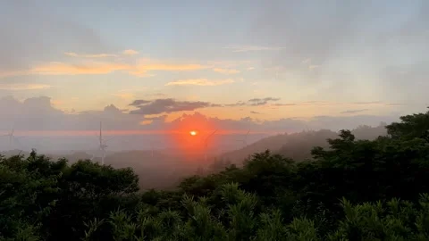 Timelapse Sunrise Through Mountain Mist Over Wind Farm, Japan Stock Footage 339008706