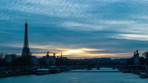 Timelapse Sunset on Alexander III Bridge and the Eiffel Tower in Paris, France Stock Footage 73502771