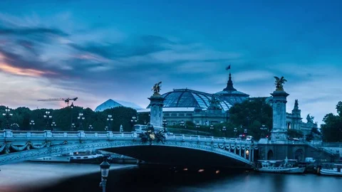 Timelapse Sunset with Alexander III bridge and the Great Palace in Paris, France Stock Footage 76414778