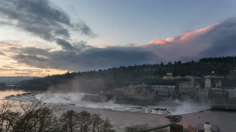 Timelapse of Sunset and Clouds over Willamette Falls and Hydro Power Plant in OR Stock-Footage 45277640