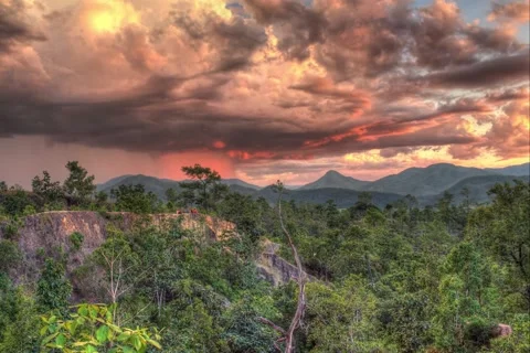 Timelapse of sunset and thunderstorm in canyon in Pai, Thailand. Stock Footage 61786464
