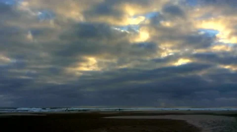 Timelapse: sunset beach with clouds, dogs and people, Oregon Coast Stock Footage 55206782