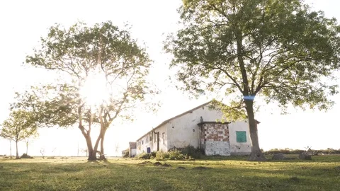 Timelapse sunset in bird paradise plain with small house and trees Stock Footage 113674056