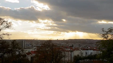 Timelapse of a sunset with dramatic sky, Vitkov hill in Prague, Czechia Stock Footage 97260194