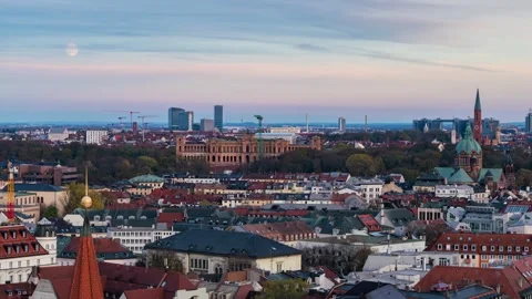 Timelapse of Sunset Embracing Munich's Old Town From Above Stock Footage 309539360