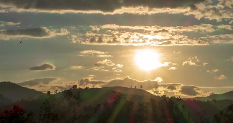 Timelapse Sunset mountain range beautiful landscape mist, dusk golden time Stock Footage 254576829