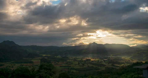 Timelapse Sunset mountain range beautiful landscape mist, dusk golden Stock Footage 276680560