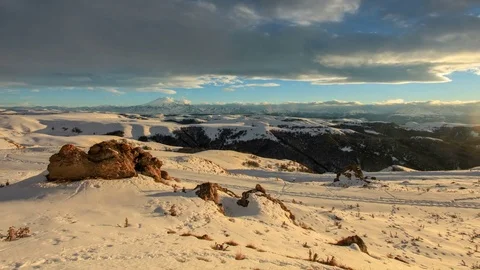 Timelapse sunset in the mountains Elbrus, Northern Caucasus, Russia. Stock Footage