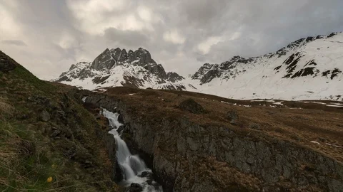 Timelapse. sunset in the the Mountains. waterfall surrounded by mountains Video stock 114336738