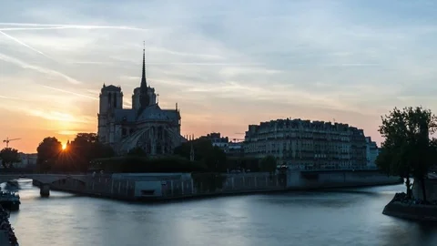 Timelapse Sunset with Notre-Dame Cathedral and the Seine river in Paris, France Stock Footage 75965962