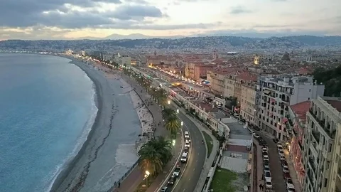 Timelapse of sunset over the city of Nice in France and the sea and coastline Stock Footage 71061986