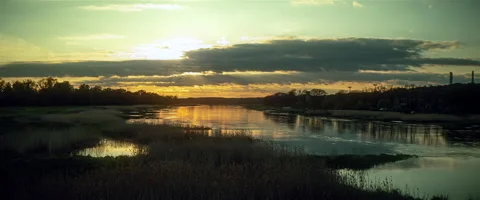 Timelapse sunset over the river anamorphic Stock Footage 242868618