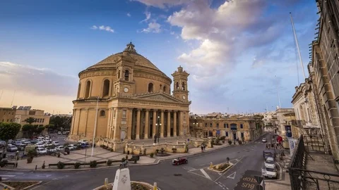 Timelapse at sunset of the Rotunda of Mosta or Mosta Dome Stock Footage 80570185