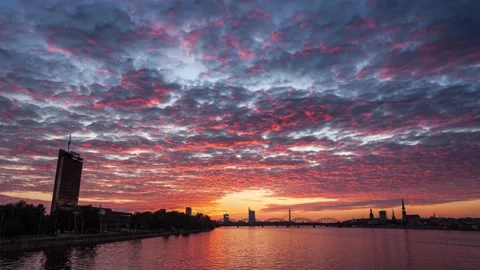Timelapse sunset scene of Riga skyline over river Daugava Video stock 163455608