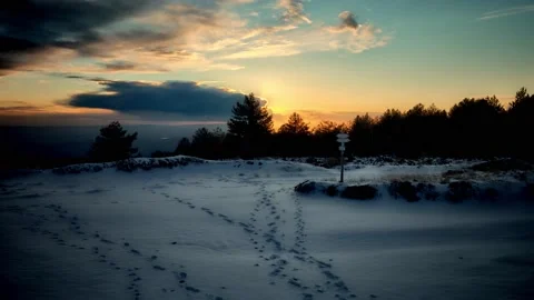 Timelapse Sunset Sicily Mountains Winter Clouds Moving Snow Covered Etna Park Vídeos de archivo 150501918