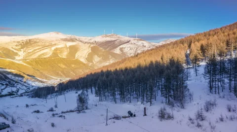 Timelapse: Sunset of Ski Field Resort on Mountains in Zhangjiakou, China. In 4K. Stock Footage 65137568
