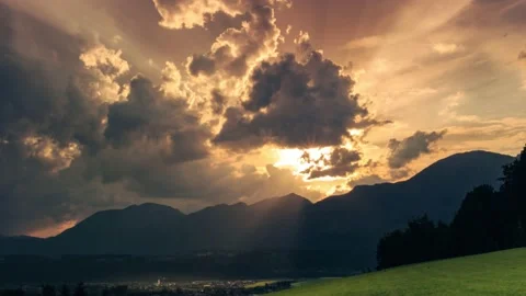 Timelapse of sunset with sunrays over mountains in Austria Stock Footage 132127779