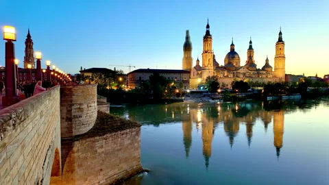 Timelapse at sunset; view of Cathedral Basilica and river Ebro in Zaragoza Spain Stock Footage 338325675