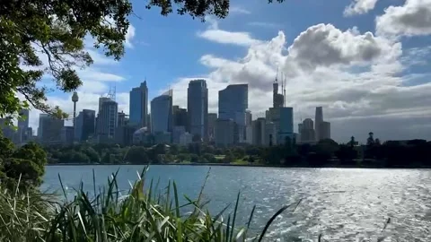 Timelapse of Sydney Harbour with view of Sydney CBD skyline under blue sky and Stock Footage 169450778
