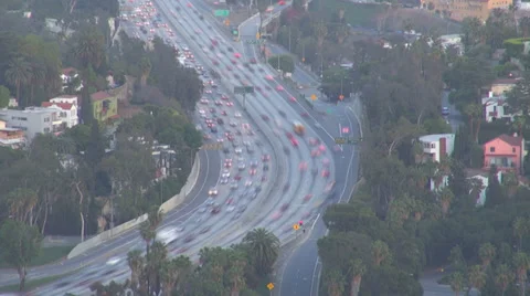 Timelapse time lapse Aerial view busy jam freeway highway people passing LA USA Stock Footage 37375497
