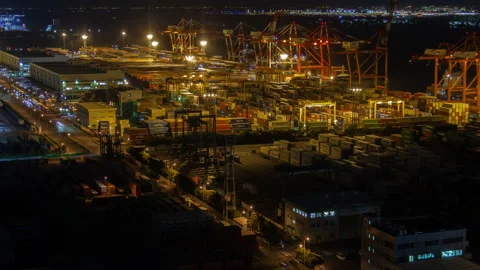 Timelapse Tokyo container terminal between road and river Video stock 116630958