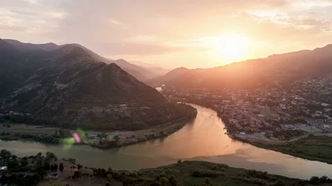 Timelapse of Top View Of Mtskheta, Georgia, The Old Town on sunset Stock Footage 79251542