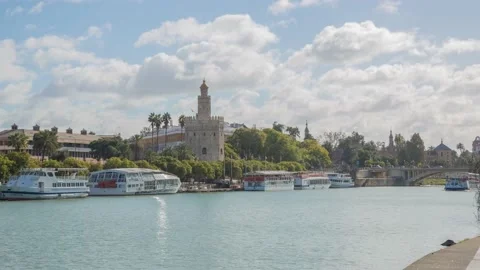 Timelapse of the Torre del Oro and the Guadalquivir river in Seville, Spain. Stock Footage 153229858