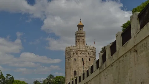 Timelapse of Torre del Oro or Gold Tower, Seville, Andalusia, Spain Stock Footage 92296306