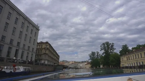 Timelapse of a tour of the ship floating on the water canals of St. Petersburg Stock Footage 79191235