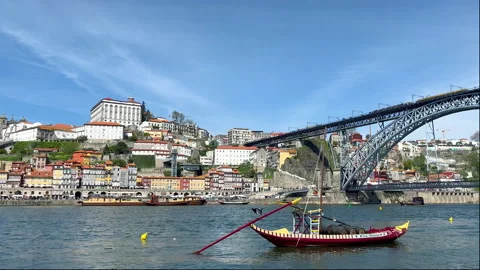 Timelapse Touristic view on the beautiful old town of Porto, river Douro, bridge Stock Footage 237645283