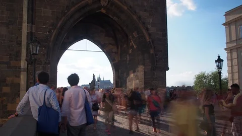 Timelapse of tourists passing through the Old Town Bridge Tower, Prague Stock Footage 93233247