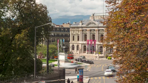 Timelapse of the town square with blurred car in Geneva Stock Footage 249391136