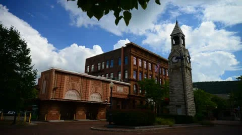 Timelapse of town square in Corning NY with rolling clouds and blue sky Stock Footage 12008998