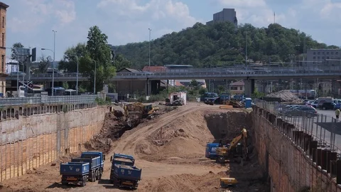 Timelapse of Traffic Above a Construction Sight, Prague Stock Footage 93288373