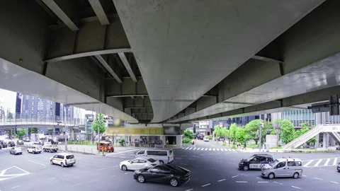 A timelapse of traffic jam at the city crossing in Tokyo fish eye shot panning Stock Footage 314242021