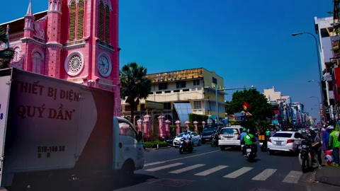 A timelapse of the traffic jam at Tan Dinh church in Ho Chi Minh Vietnam wide Stock Footage
