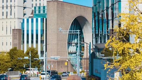 A timelapse of traffic jam at the yellow gingko street in the city panning Stock Footage 324952679